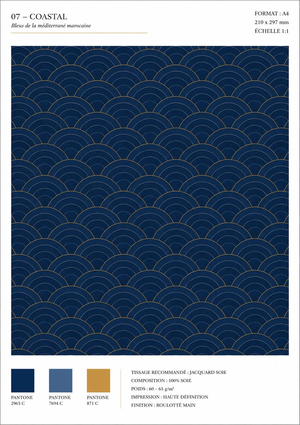 Coastal — seigaiha waves in gold on navy